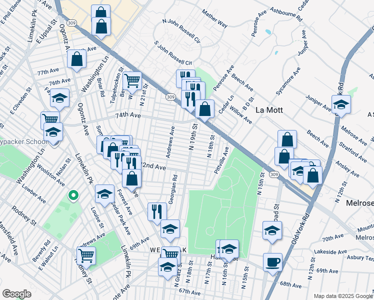 map of restaurants, bars, coffee shops, grocery stores, and more near 1902 1/2 73rd Avenue in Philadelphia