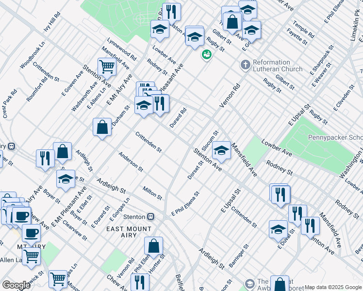 map of restaurants, bars, coffee shops, grocery stores, and more near 6842 Stenton Avenue in Philadelphia