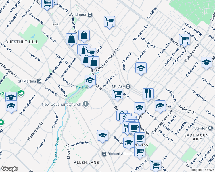 map of restaurants, bars, coffee shops, grocery stores, and more near 26 East Roumfort Road in Philadelphia
