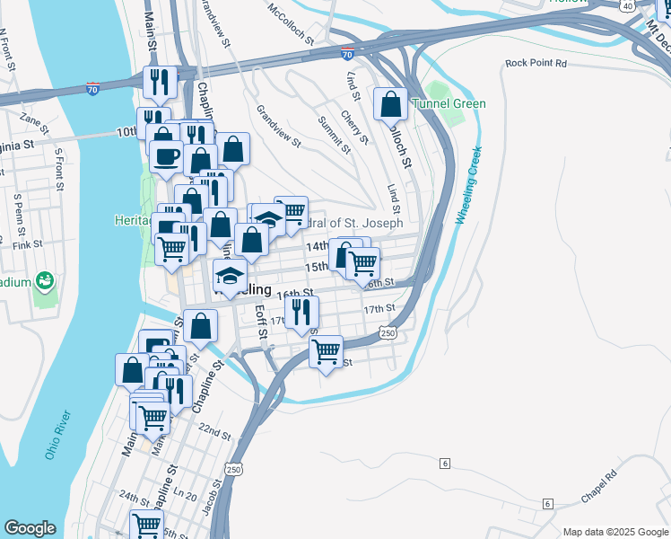 map of restaurants, bars, coffee shops, grocery stores, and more near 104 15th Street in Wheeling