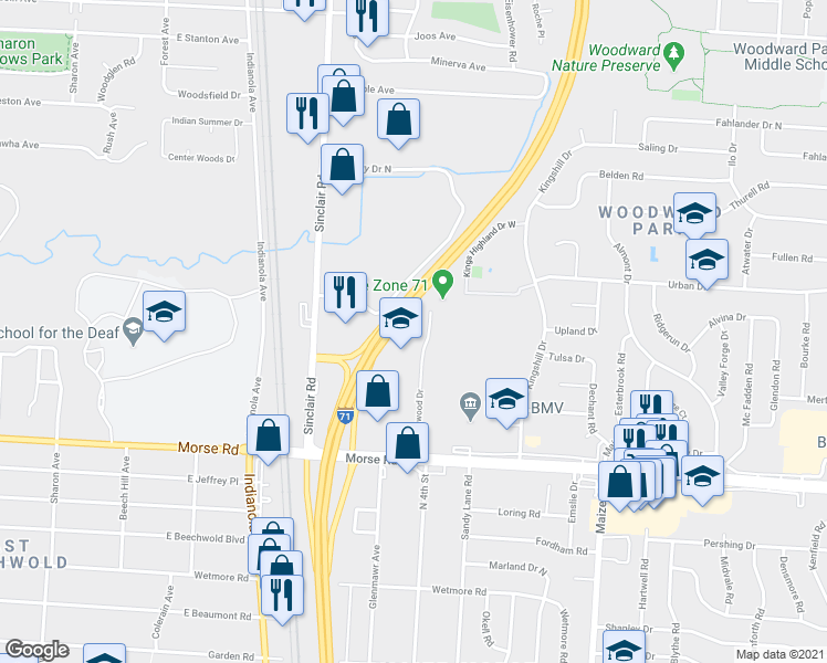 map of restaurants, bars, coffee shops, grocery stores, and more near 4849 Evanswood Dr in Columbus