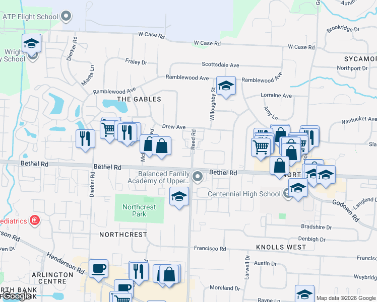 map of restaurants, bars, coffee shops, grocery stores, and more near 5319 Tartan Lane in Columbus