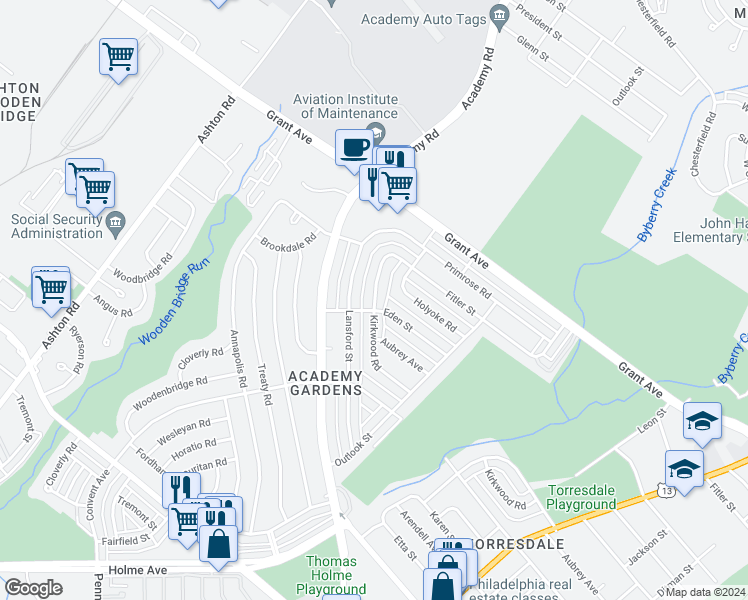 map of restaurants, bars, coffee shops, grocery stores, and more near 9406 Kirkwood Road in Philadelphia