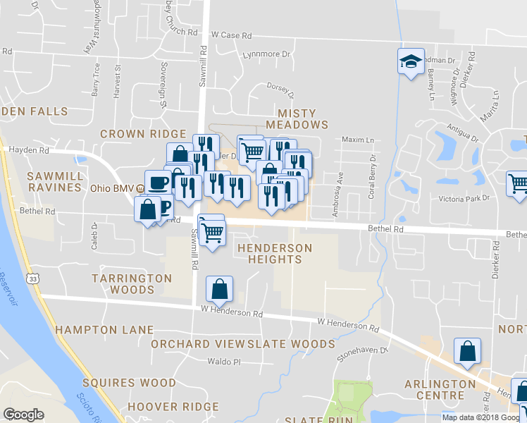 map of restaurants, bars, coffee shops, grocery stores, and more near 2640 Bethel Road in Columbus
