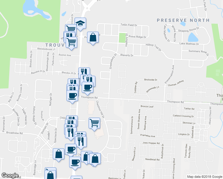 map of restaurants, bars, coffee shops, grocery stores, and more near 4174 Greensbury Drive in New Albany