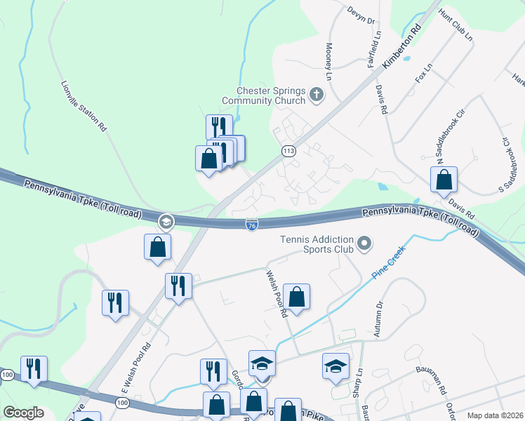 map of restaurants, bars, coffee shops, grocery stores, and more near 807 Pritchet Court in Chester Springs