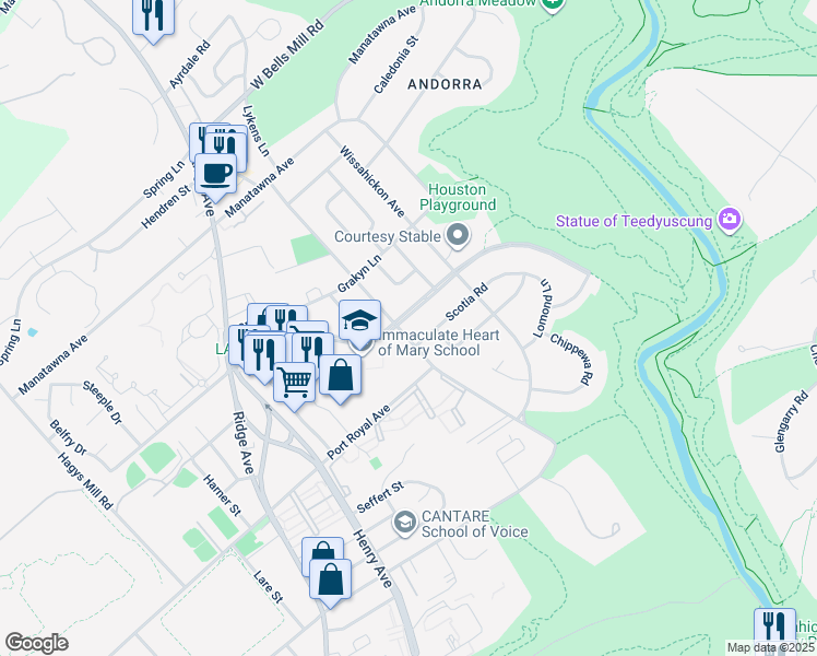 map of restaurants, bars, coffee shops, grocery stores, and more near 8591 Old Line Road in Philadelphia