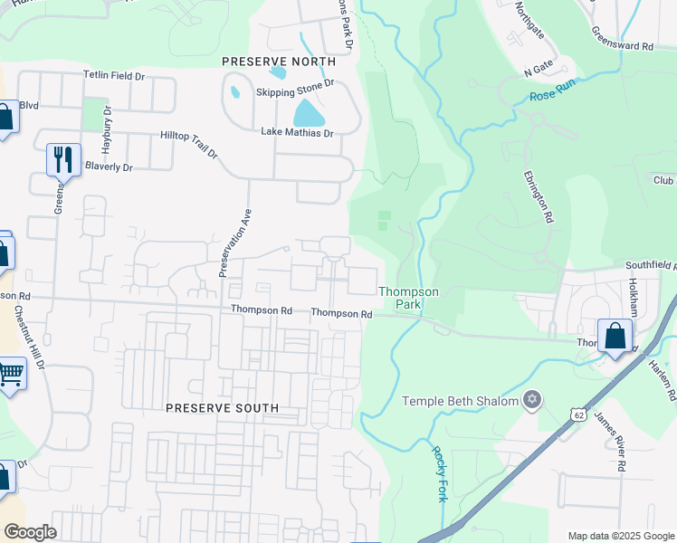 map of restaurants, bars, coffee shops, grocery stores, and more near 4125 Clifton Park Circle West in New Albany