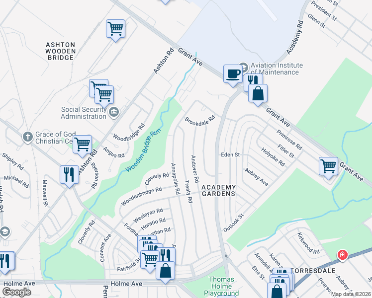 map of restaurants, bars, coffee shops, grocery stores, and more near 9331 Treaty Road in Philadelphia