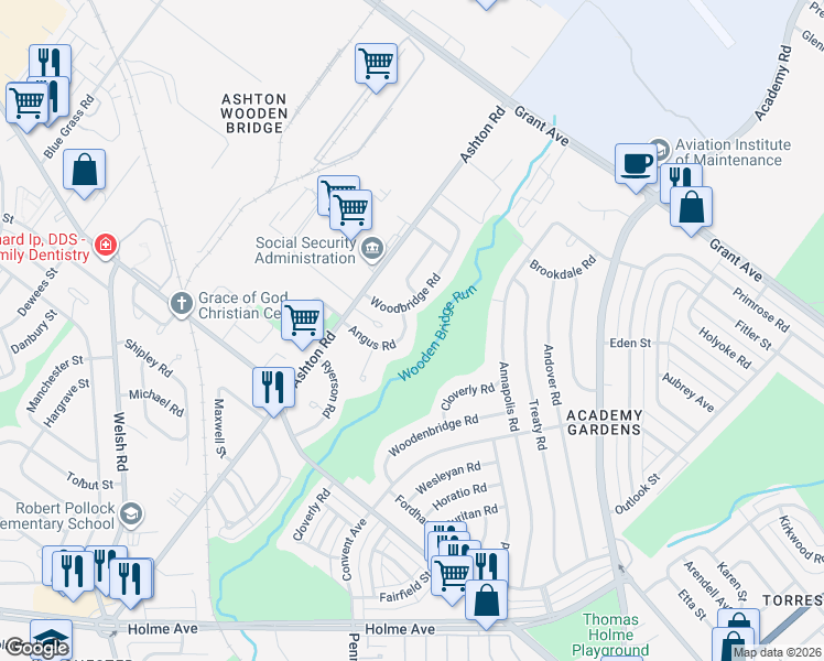 map of restaurants, bars, coffee shops, grocery stores, and more near 2876 Angus Road in Philadelphia