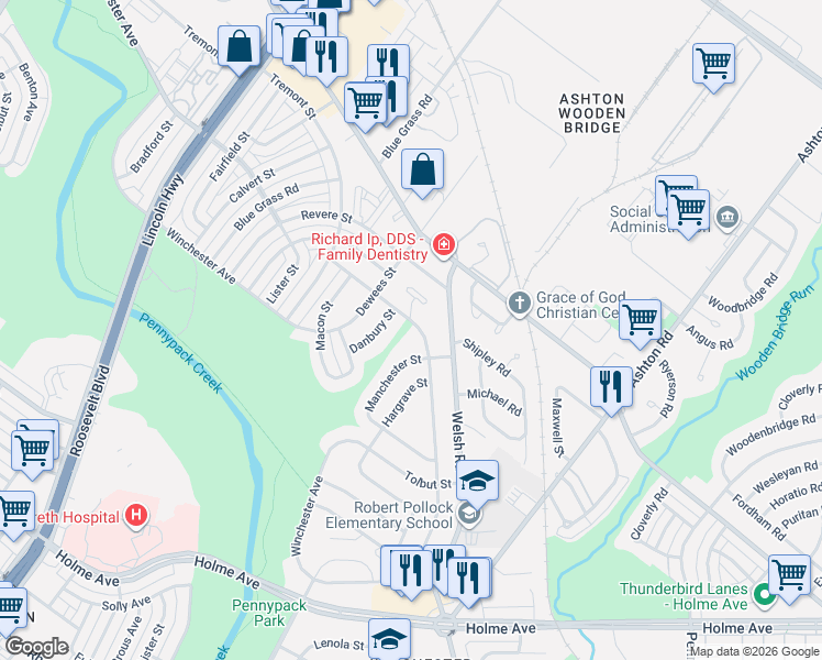 map of restaurants, bars, coffee shops, grocery stores, and more near 2634 Maxwell Street in Philadelphia