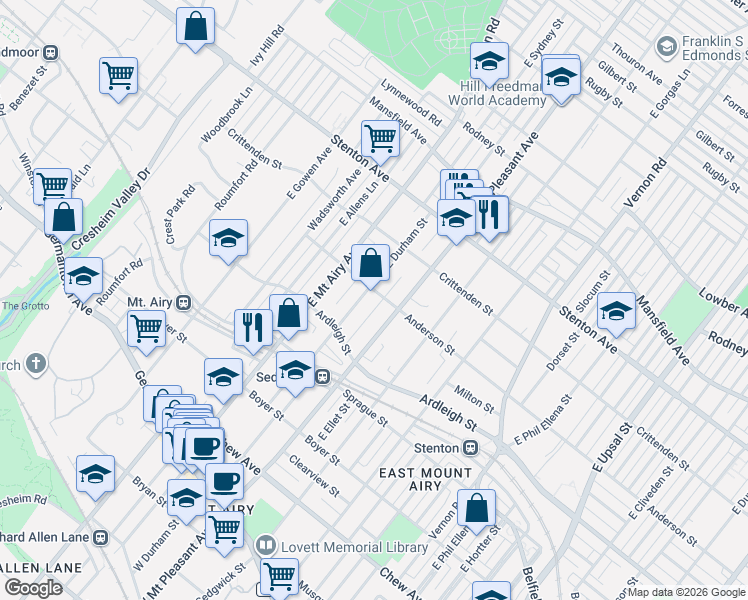 map of restaurants, bars, coffee shops, grocery stores, and more near 430 East Durham Street in Philadelphia