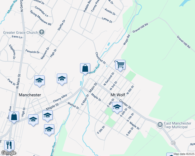 map of restaurants, bars, coffee shops, grocery stores, and more near 55 State Route 1019 in Mount Wolf