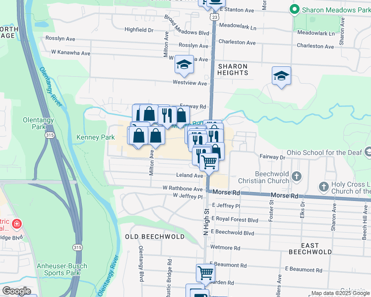 map of restaurants, bars, coffee shops, grocery stores, and more near 5019 North High Street in Columbus