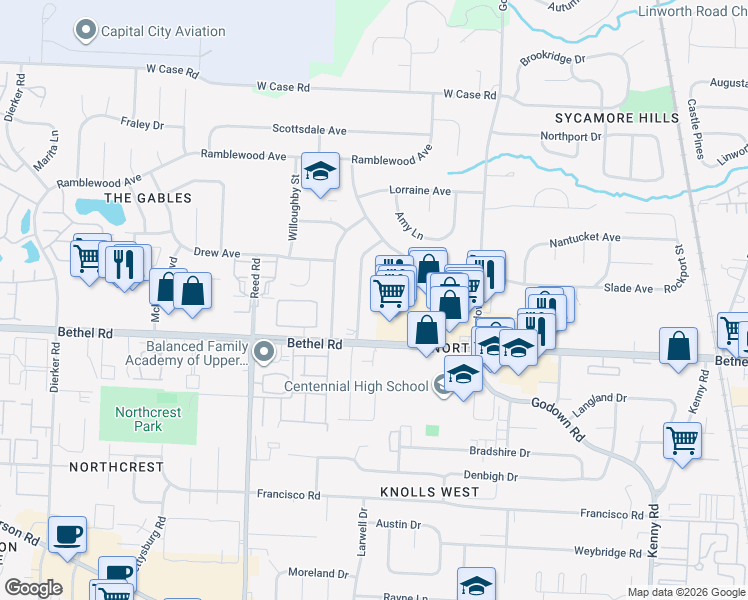 map of restaurants, bars, coffee shops, grocery stores, and more near 5270 Portland Street in Columbus