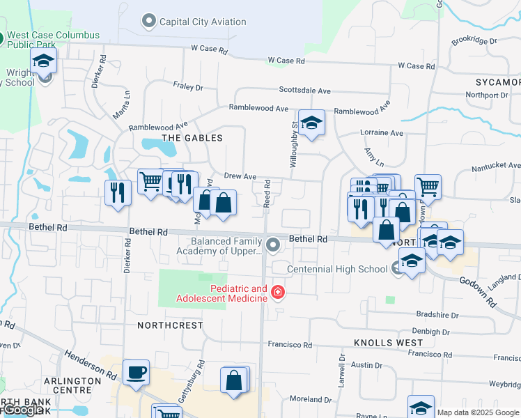map of restaurants, bars, coffee shops, grocery stores, and more near 5319 Tartan Lane in Columbus