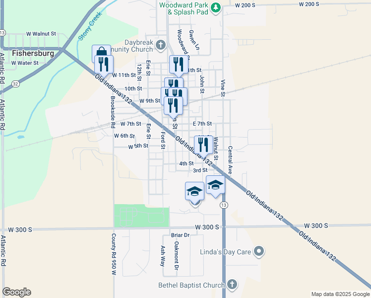 map of restaurants, bars, coffee shops, grocery stores, and more near 414 Woodward Street in Lapel