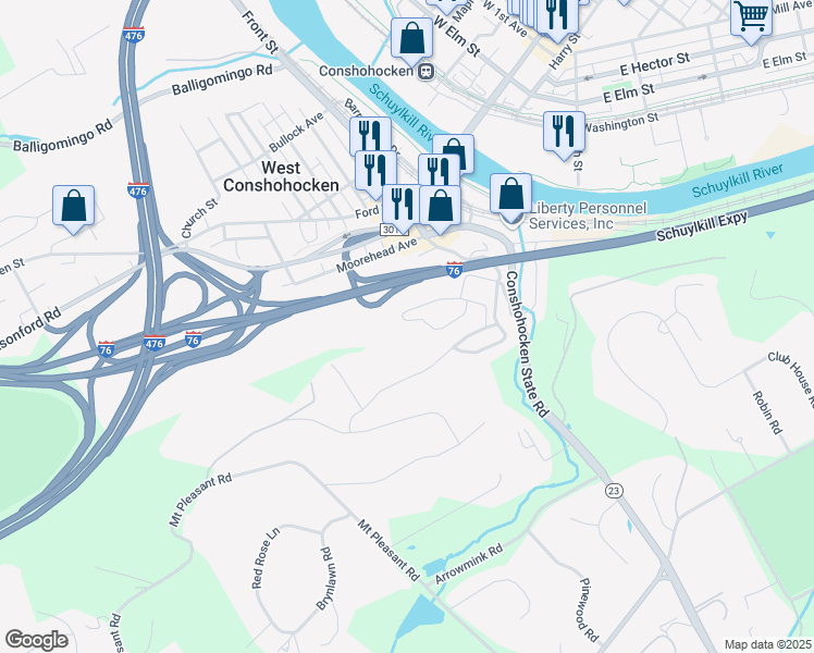 map of restaurants, bars, coffee shops, grocery stores, and more near 1122 Riverview Lane in Conshohocken