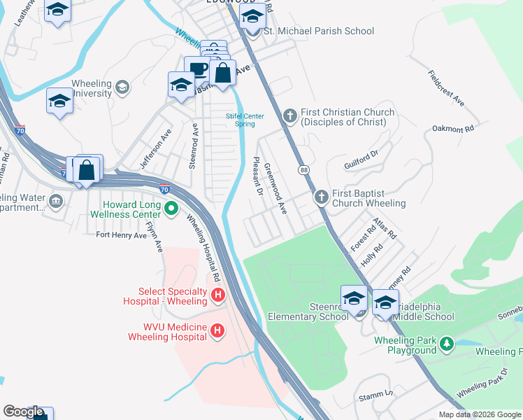 map of restaurants, bars, coffee shops, grocery stores, and more near 58-60 Pleasant Drive in Wheeling