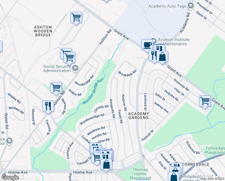 map of restaurants, bars, coffee shops, grocery stores, and more near 9337 Annapolis Road in Philadelphia