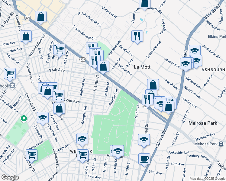 map of restaurants, bars, coffee shops, grocery stores, and more near 7333 North Bouvier Street in Philadelphia