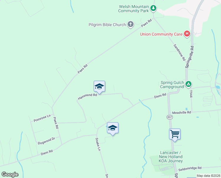 map of restaurants, bars, coffee shops, grocery stores, and more near 5315 Hammond Road in New Holland