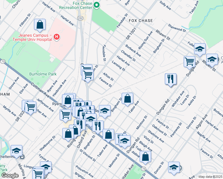 map of restaurants, bars, coffee shops, grocery stores, and more near 7535 Rising Sun Avenue in Philadelphia