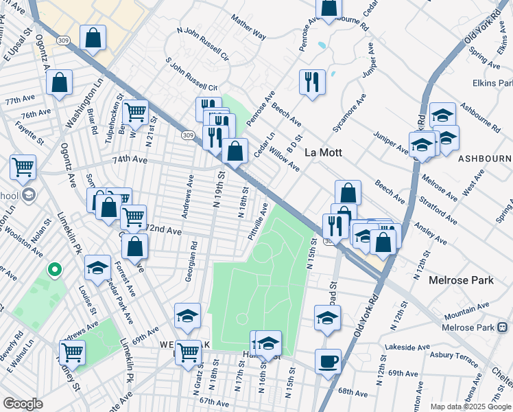 map of restaurants, bars, coffee shops, grocery stores, and more near 7333 North Bouvier Street in Philadelphia