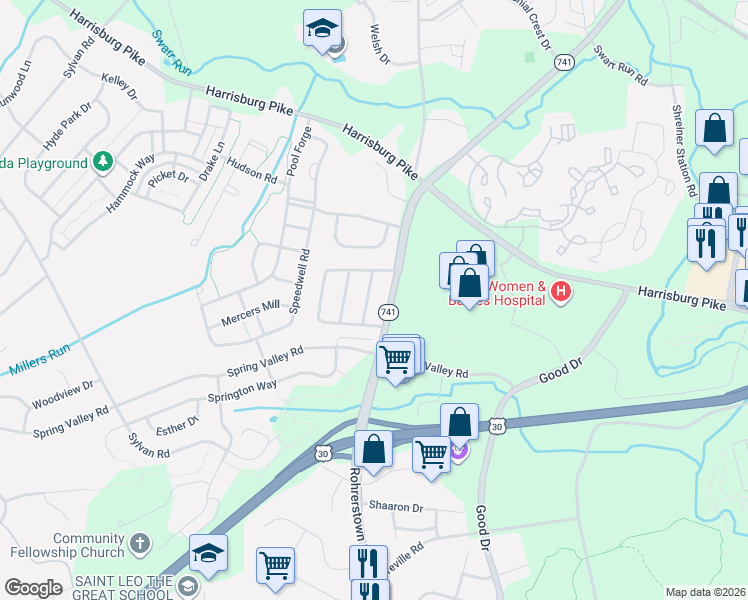 map of restaurants, bars, coffee shops, grocery stores, and more near 1110 Rohrerstown Road in Lancaster