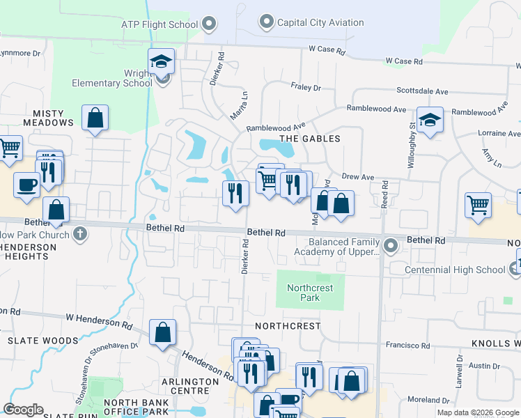 map of restaurants, bars, coffee shops, grocery stores, and more near 2090 Crown Plaza Drive in Columbus