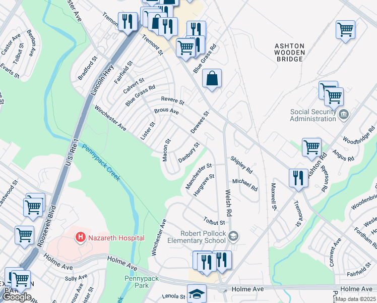 map of restaurants, bars, coffee shops, grocery stores, and more near 8820 Danbury Street in Philadelphia