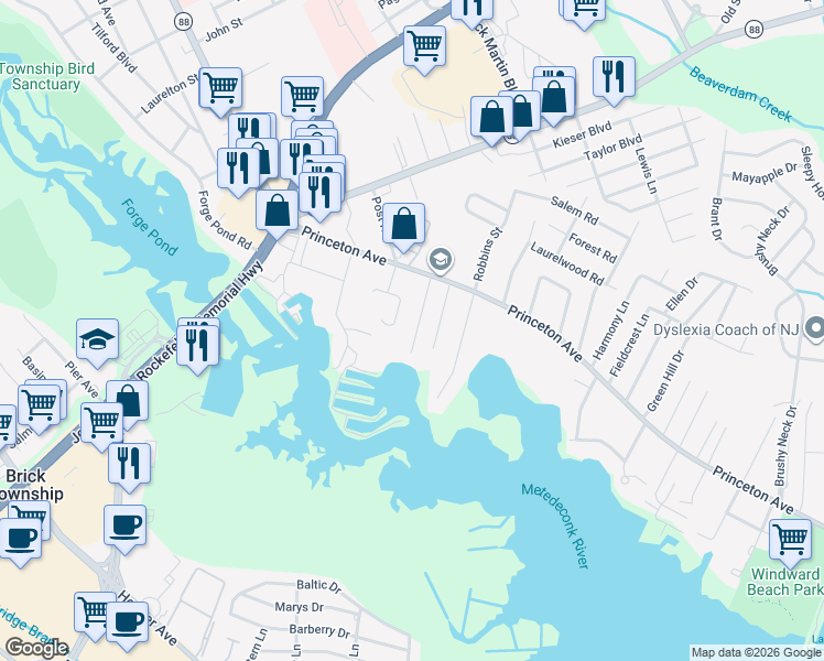 map of restaurants, bars, coffee shops, grocery stores, and more near 26 Sturdy Street in Brick