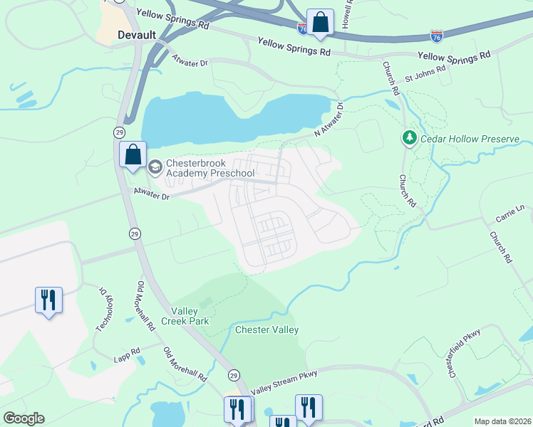 map of restaurants, bars, coffee shops, grocery stores, and more near 751 Quarry Point Road in Malvern