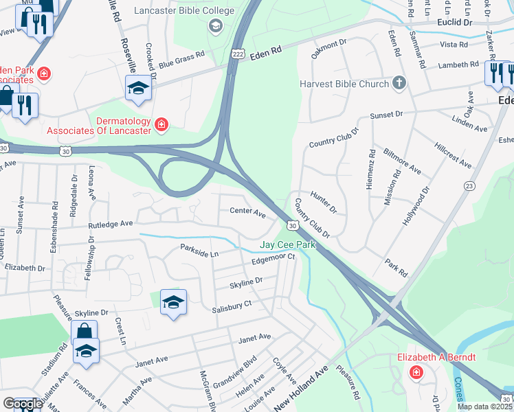 map of restaurants, bars, coffee shops, grocery stores, and more near 1011 Center Avenue in Lancaster