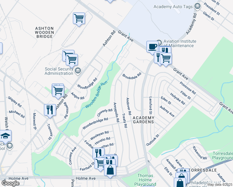 map of restaurants, bars, coffee shops, grocery stores, and more near 9337 Annapolis Road in Philadelphia