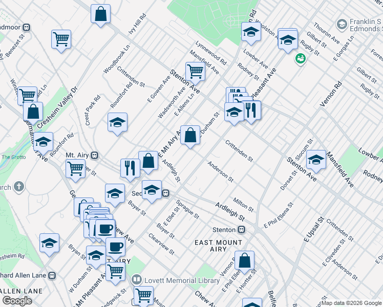 map of restaurants, bars, coffee shops, grocery stores, and more near 430 East Durham Street in Philadelphia