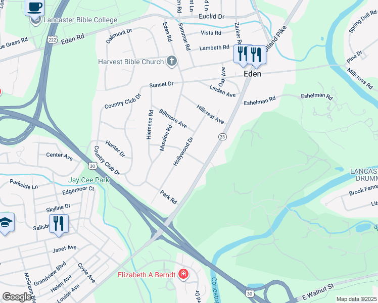 map of restaurants, bars, coffee shops, grocery stores, and more near 1616 Pinehurst Avenue in Lancaster