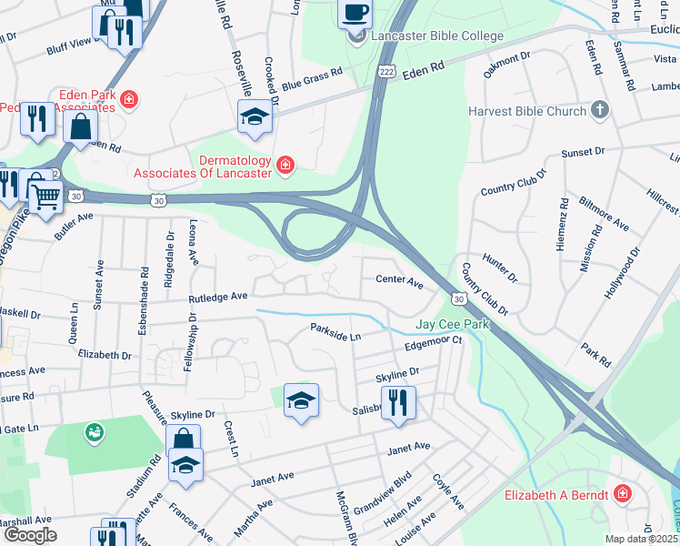 map of restaurants, bars, coffee shops, grocery stores, and more near 124 Delancy Place in Lancaster