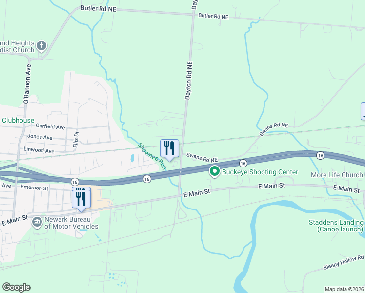 map of restaurants, bars, coffee shops, grocery stores, and more near 57 Dayton Road Northeast in Newark