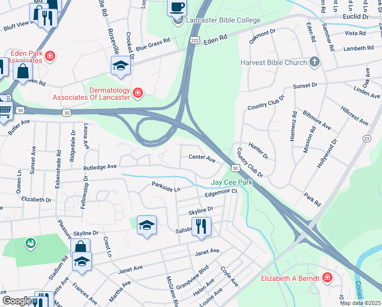 map of restaurants, bars, coffee shops, grocery stores, and more near 969 Center Avenue in Lancaster