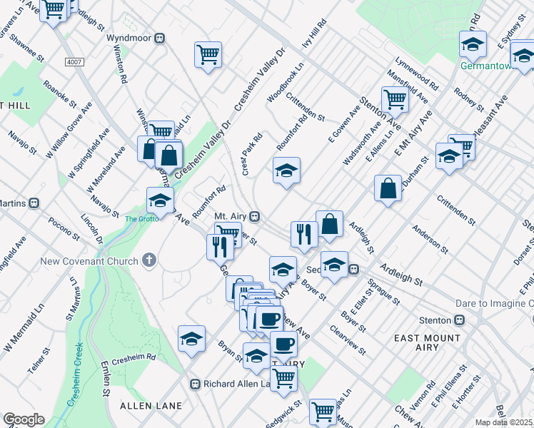 map of restaurants, bars, coffee shops, grocery stores, and more near 203 East Gowen Avenue in Philadelphia