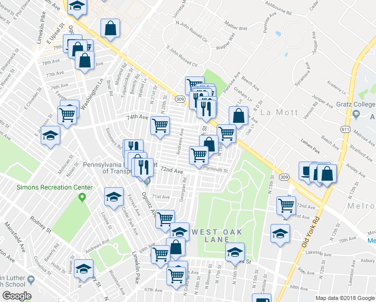 map of restaurants, bars, coffee shops, grocery stores, and more near 1926 73rd Avenue in Philadelphia