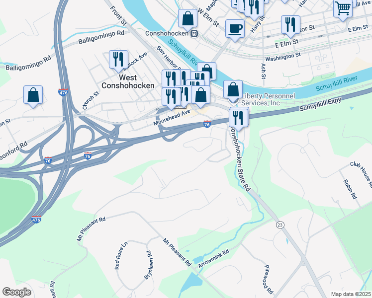 map of restaurants, bars, coffee shops, grocery stores, and more near 1122 Riverview Lane in Conshohocken
