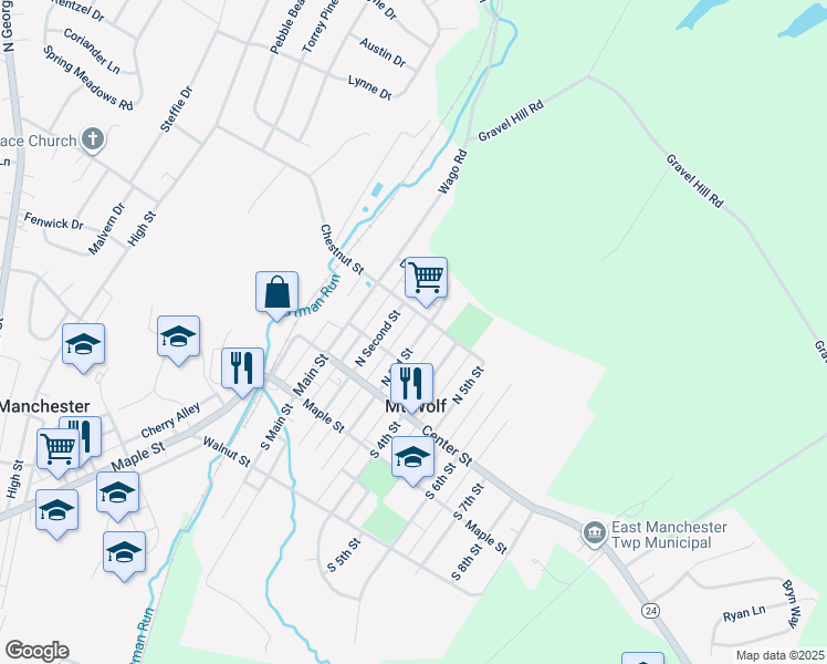 map of restaurants, bars, coffee shops, grocery stores, and more near 166 North 3rd Street in Mount Wolf