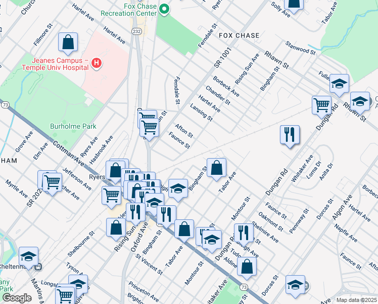 map of restaurants, bars, coffee shops, grocery stores, and more near 7535 Rising Sun Avenue in Philadelphia