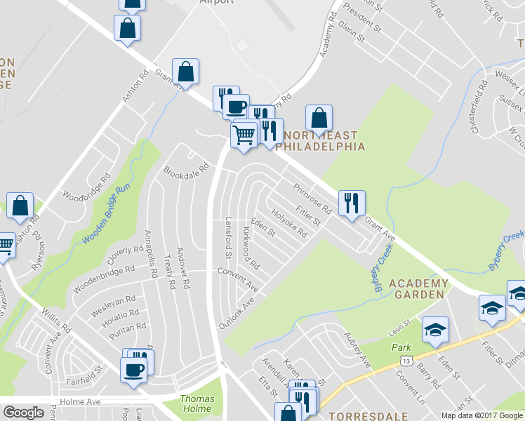 map of restaurants, bars, coffee shops, grocery stores, and more near 3406 Holyoke Road in Philadelphia