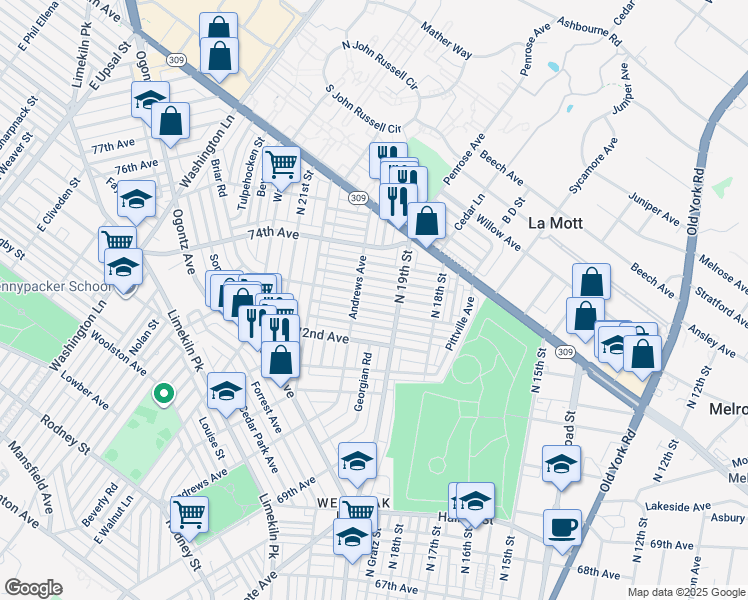 map of restaurants, bars, coffee shops, grocery stores, and more near 1926 73rd Avenue in Philadelphia