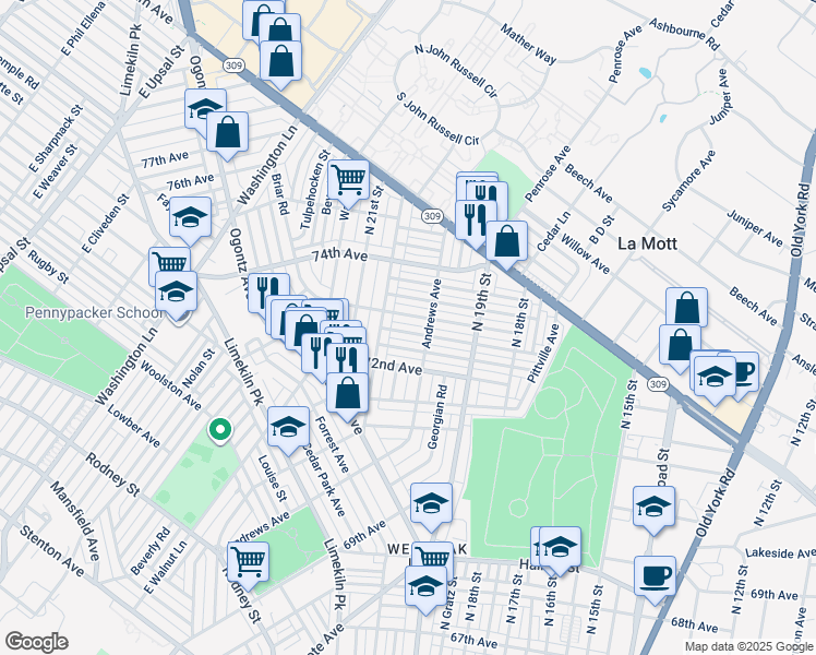 map of restaurants, bars, coffee shops, grocery stores, and more near 1977 Elston Street in Philadelphia