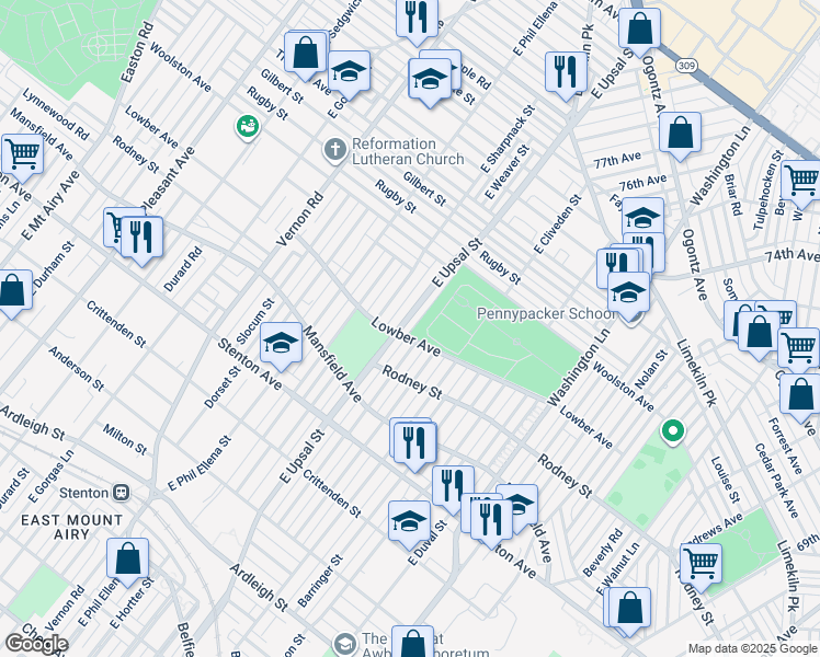 map of restaurants, bars, coffee shops, grocery stores, and more near 1106 East Upsal Street in Philadelphia