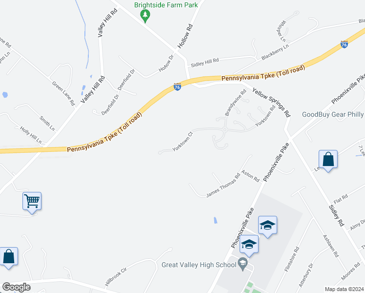 map of restaurants, bars, coffee shops, grocery stores, and more near 223 Yorktown Court in Malvern